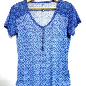 Blue Printed Short-Sleeve Henley Top
